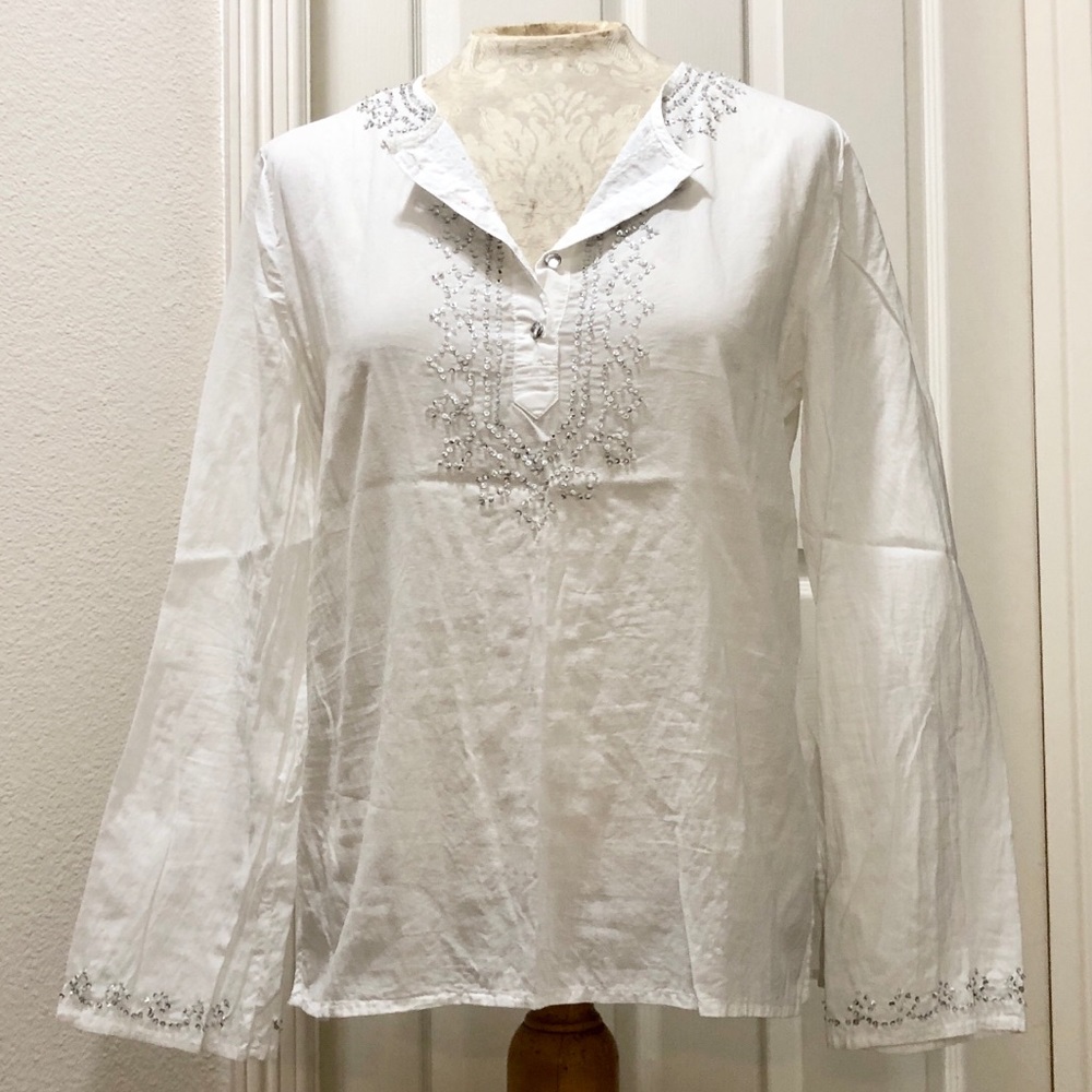 Old Navy Women’s L/S White Boho Beaded Tunic - M